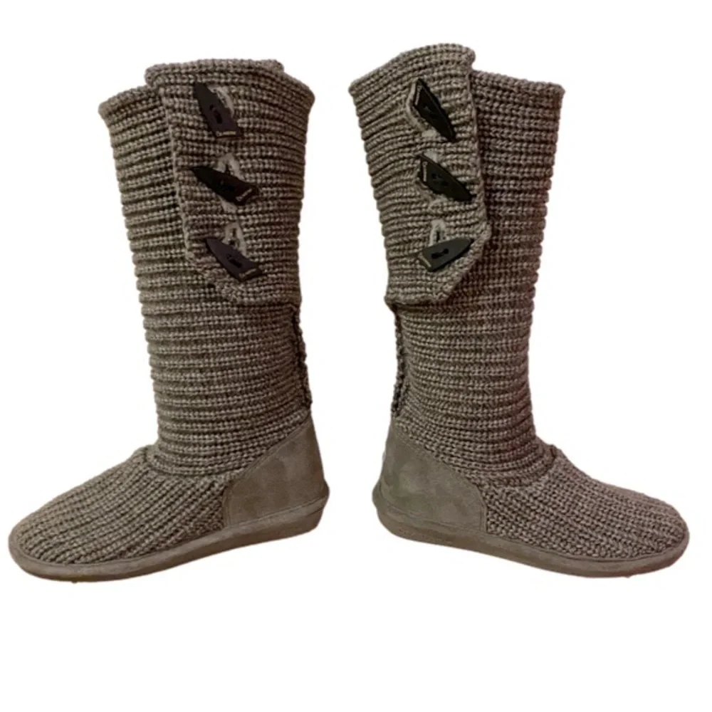 BearPaw Knit Tall Gray Boots Fold Over Pull On Cozy Size 6